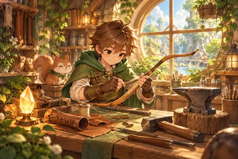 A warm workshop filled with tools and crafting materials.