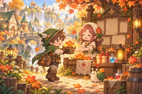 A cheerful gathering with colorful leaves and rewards.