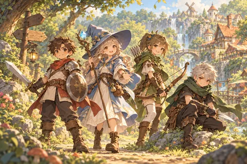 A gathering of fantasy adventurers with different skills.