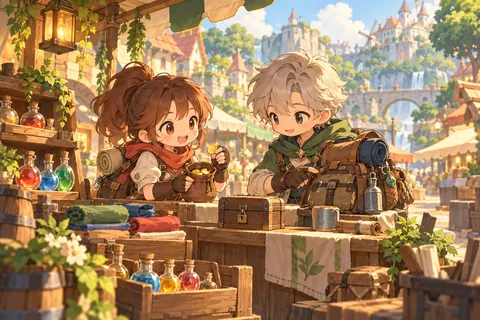 A colorful fantasy market with little merchant stalls.