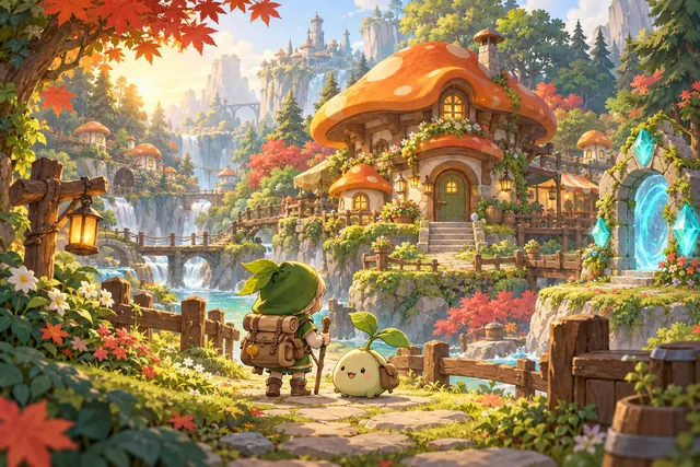 An illustrated woodland village with cozy cottages and tiny adventurers.