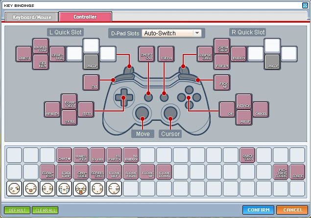 Controller tab showing the official gamepad button-binding layout.