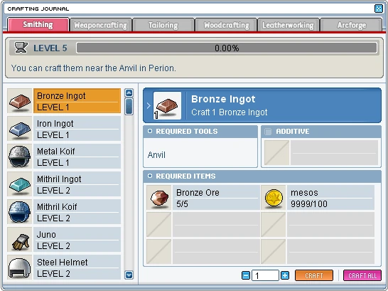 Official Smithing interface showing the crafting panel.