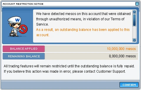 Official account restriction notice showing the applied debt, remaining balance and trading restriction.